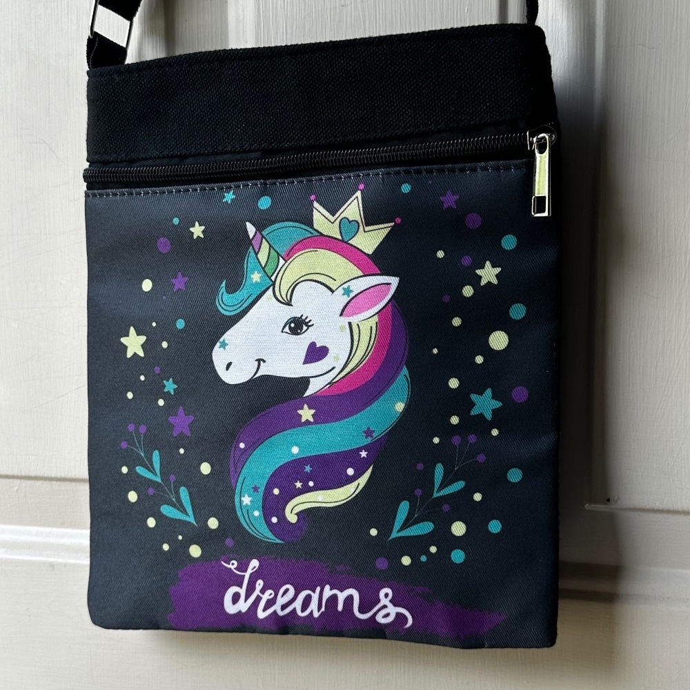 Dreams Black Canvas print Unicorn front adjustable strap Crossbody Bag.